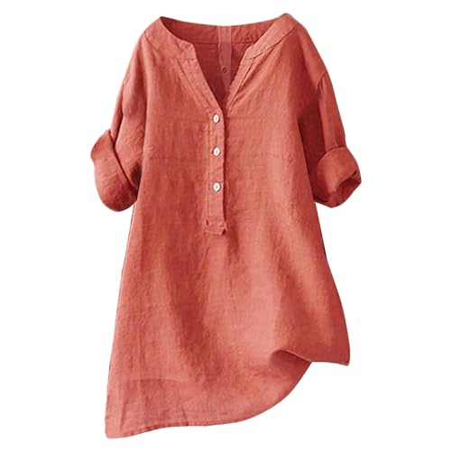 Longbluse Damen Sommer 2025 Button-Down Bluse Übergröße Musselin Bluse Damen Leinenbluse Atmungsaktive Tops Große Größen Asymmetrische Tunika Herbst Lose Lässige Langarmshirts von Generisch