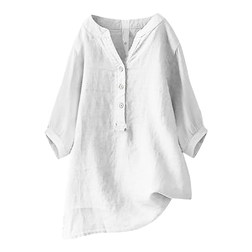 Longbluse Damen Sommer 2025 Button-Down Bluse Übergröße Musselin Bluse Damen Leinenbluse Atmungsaktive Tops Große Größen Asymmetrische Tunika Herbst Lose Lässige Langarmshirts von Generisch