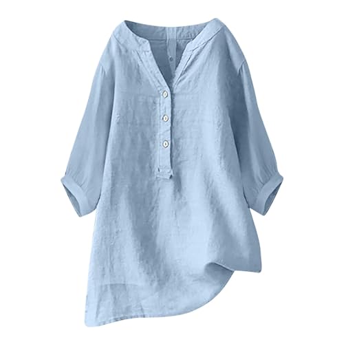Longbluse Damen Sommer 2025 Button-Down Bluse Übergröße Musselin Bluse Damen Leinenbluse Atmungsaktive Tops Große Größen Asymmetrische Tunika Herbst Lose Lässige Langarmshirts von Generisch