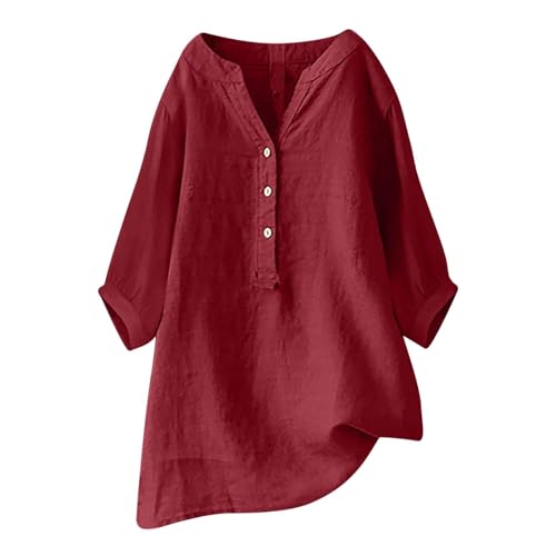 Longbluse Damen Sommer 2025 Button-Down Bluse Übergröße Musselin Bluse Damen Leinenbluse Atmungsaktive Tops Große Größen Asymmetrische Tunika Herbst Lose Lässige Langarmshirts von Generisch