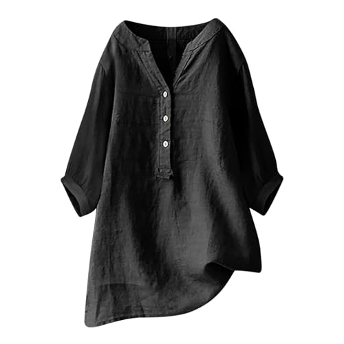 Longbluse Damen Sommer 2025 Button-Down Bluse Übergröße Musselin Bluse Damen Leinenbluse Atmungsaktive Tops Große Größen Asymmetrische Tunika Herbst Lose Lässige Langarmshirts von Generisch