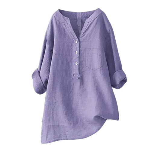 Longbluse Damen Sommer Blusen Tuniken für Damen Leinen Langarmshirt Musselin Bluse Casual Oberteile Große Größen Tops Lang Tunika Shirt V Ausschnitt Freizeithemd Mode Oversized Longbluse von Generisch