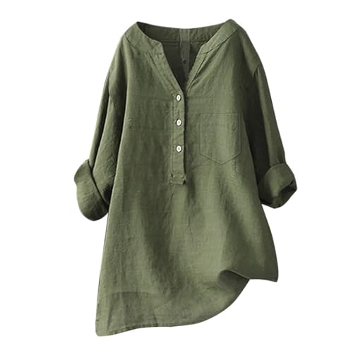Longbluse Damen Sommer Blusen Tuniken für Damen Leinen Langarmshirt Musselin Bluse Casual Oberteile Große Größen Tops Lang Tunika Shirt V Ausschnitt Freizeithemd Mode Oversized Longbluse von Generisch