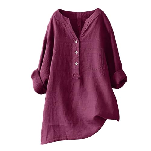 Generisch Longbluse Damen Sommer Blusen Tuniken für Damen Leinen Langarmshirt Musselin Bluse Casual Oberteile Große Größen Tops Lang Tunika Shirt V Ausschnitt Freizeithemd Mode Oversized Longbluse von Generisch