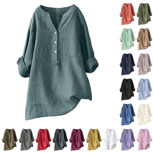 Longbluse Damen Sommer Blusen Tuniken für Damen Leinen Langarmshirt Musselin Bluse Casual Oberteile Große Größen Tops Lang Tunika Shirt V Ausschnitt Freizeithemd Mode Oversized Longbluse von Generisch