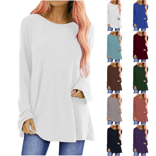 Generisch Longshirt Damen Langarm Oversize Basic Langarmshirt Pullover Tunika Rundhals Langarmshirt Oberteil Lässige Einfarbig Tops Frühjahr Sommer Baumwolle Blusen Longsleeve Shirts von Generisch