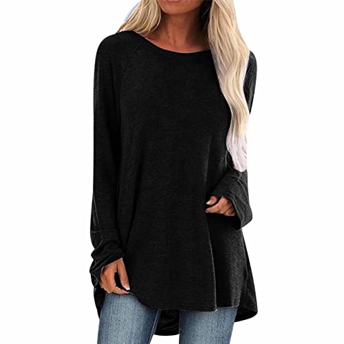 Generisch Longshirt Damen Langarm Oversize Basic Langarmshirt Pullover Tunika Rundhalsausschnitt V-Ausschnitt Oberteil Lässige Einfarbig Tops Frühjahr Sommer Baumwolle Blusen Longsleeve von Generisch