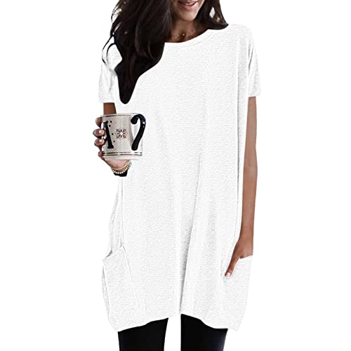 Longshirt Damen Oversized Sommer Tshirt Kurzarm Rundhals mit Tasche Lang Tunika T Shirt Longtops Einfarbig Elegant Longbluse Damen Lässige für Leggings Locker Pullover von Generisch