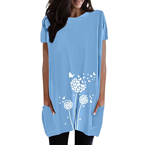 Longshirt Damen Oversized Sommer Tshirt Kurzarm Rundhals mit Tasche Lang Tunika T Shirt Longtops Einfarbig Elegant Longbluse Damen Lässige für Leggings Locker Pullover von Generisch