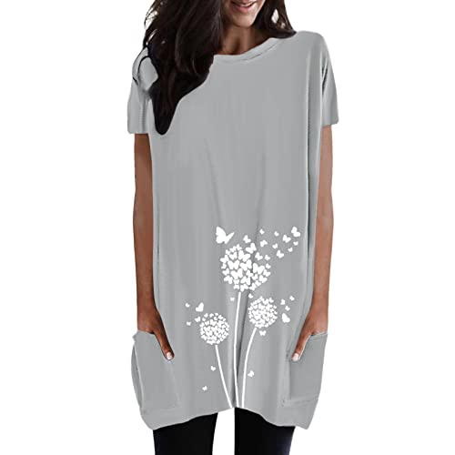 Longshirt Damen Oversized Sommer Tshirt Kurzarm Rundhals mit Tasche Lang Tunika T Shirt Longtops Einfarbig Elegant Longbluse Damen Lässige für Leggings Locker Pullover von Generisch