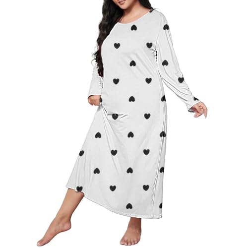 Loose Nachtkleid Print Langarm Rundhals Medium Stretch-Hausanzug Damen Lang Große Größencasual Schlaf Kleid Frauen Plus Herz Schulterfrei Damen Langarm Nachtwäsche Pyjama Lang von Generisch