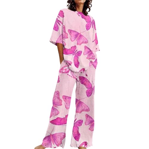 Loungewear-Sets mit weitem Bein für Damen, UK-Größe – Damen-Pyjama-Set in Übergröße – locker sitzender Schlafanzug mit Taschen, Nachtwäsche, kurzärmeliges Nachthemd und Nachthemd, Sommerkleidung, von Generisch
