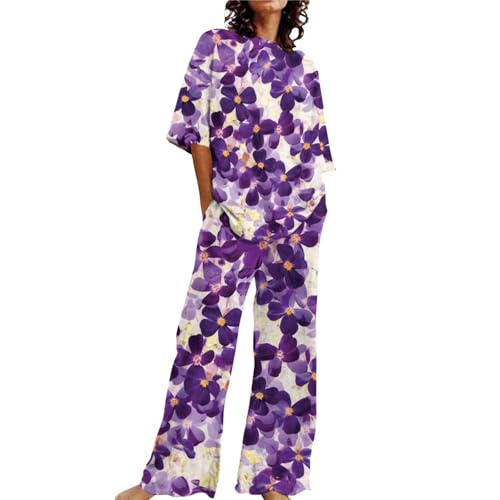 Loungewear-Sets mit weitem Bein für Damen UK – Pyjama mit Taschen für Damen UK – Loungewear-Sets in Übergröße mit Blumenmuster, 2-teiliges Lounge-Set, Nachtwäsche, Größe 44, Nachtwäsche, violett, XL Loungewear-Sets mit weitem Bein für Damen UK – Pyjama mit Taschen für Damen UK – Loungewear-Sets in Übergröße mit Blumenmuster, 2-teiliges Lounge-Set, Nachtwäsche, Größe 44, Nachtwäsche, violett, XL von Generisch