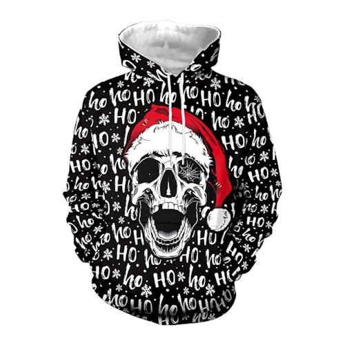Lustig 3D Hoodie Herren Weihnachtspullover Vintage Totenkopf Pullover mit Weihnachtsmütze Langarm Ugly Christmas Sweater Oversize Outdoor Hip Hop Festlicher Pulli Hoody für Party (Black, 4XL) von Generisch
