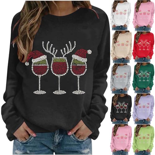 Lustige Weihnachtspullover Damen Weihnachten Langarmshirt mit Strasssteine Weinglas Muster Weihnachts Pullover Christmas Festliche Oberteile Xmas Sweatshirt Rundhals Weihnachtsbluse Schwarz L von Generisch