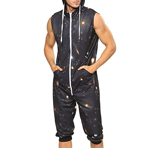 Lustiger Schlafanzug Herren Kurz, Einteiliger Pyjama Herren Sommerjumpsuit Atmungsaktiv Sommer-Overall Weiche Onesie Stretch Ärmellose Bodysuit Regulär Fit Ganzanzug Schnell Trocknend Jumpsuit von Generisch