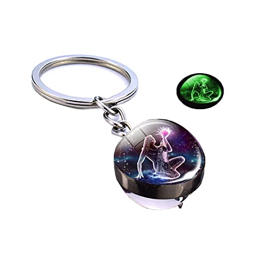 Luxuriöser leuchtender Schlüsselanhänger mit 12 Sternbildern, Glücksbringer, Glaskugel-Anhänger, Sternzeichen-Schlüsselanhänger, leuchtet im Dunkeln, Schlüsselanhänger, Blau (Aquarius), L von Generisch