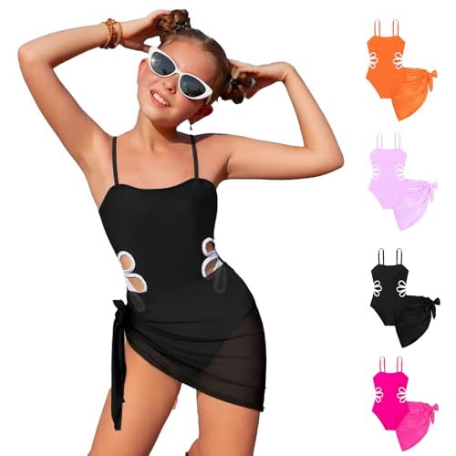 Mädchen Badeanzug mit Mesh Rock Einteiliger Bademode Set Blumen Cut Out Schwimmanzug Kinder Badebekleidung Bikini Teenager 7-16 Jahre von Generisch