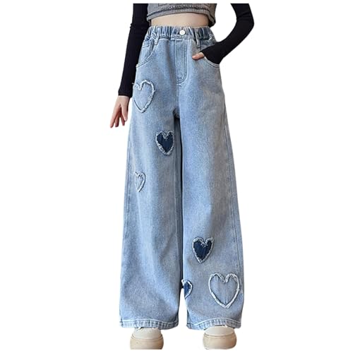 Mädchen Baggy Jeans Gerade Wide Leg Denim Hosen Hohe Elastische Taille Washed Patchwork Pentagram Cargo Distressed Hosen von Generisch