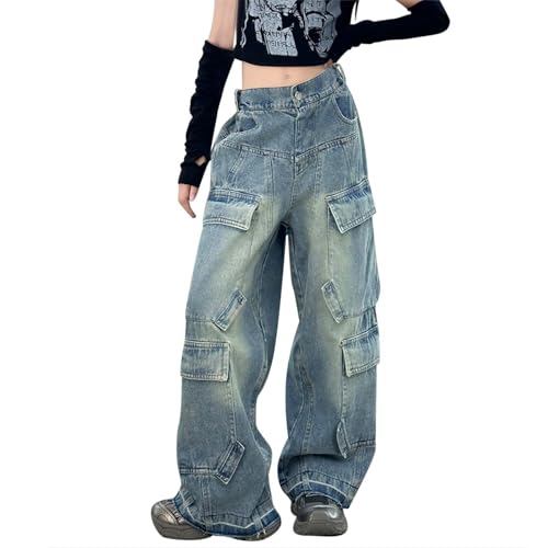 Mädchen Baggy Jeans Gerade Wide Leg Denim Hosen Hohe Elastische Taille Washed Patchwork Pentagram Cargo Distressed Hosen von Generisch