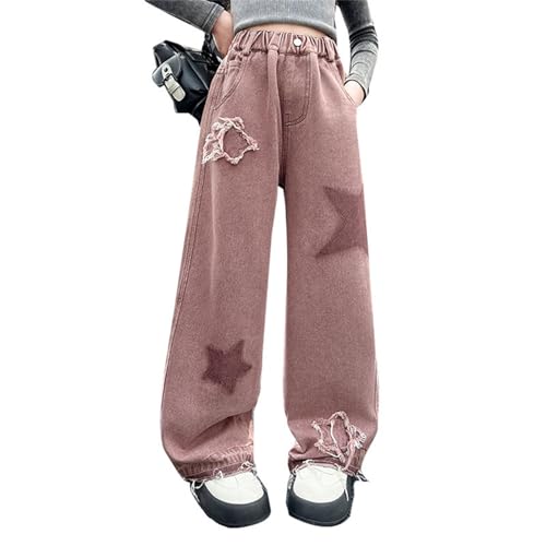 Mädchen Baggy Jeans Hosen mit Schleife Muster Vintage Y2k Denim Hose Kinder Mode Loose Fit Weitem Bein Jeanshose mit Taschen Streetwear Teenager Mädchen Elastische Hohe Taille Hosen für 4-15 Jahre von Generisch