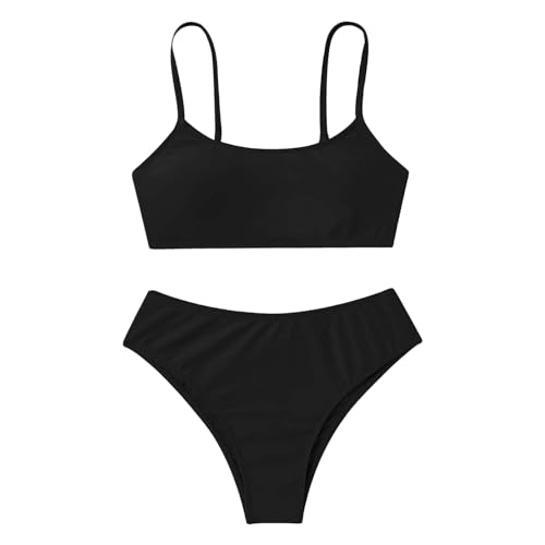 Mädchen Bikini Set 2 Stück Kinder Zweiteilige Badeanzüge Kinder Mädchen Teenager Bikini Spaghettiträgern Bikinioberteil + Triangel Bikinishorts Tankini Sportlich Strandbikinis (Z-Black, 11-13 Years) von Generisch