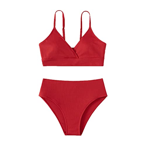 Mädchen Bikini Set 2 Stück Kinder Zweiteilige Badeanzüge Kinder Mädchen Teenager Bikini Spaghettiträgern Bikinioberteil + Triangel Bikinishorts Tankini Sportlich Strandbikinis 8-16 (Red, 12-14 Years) von Generisch