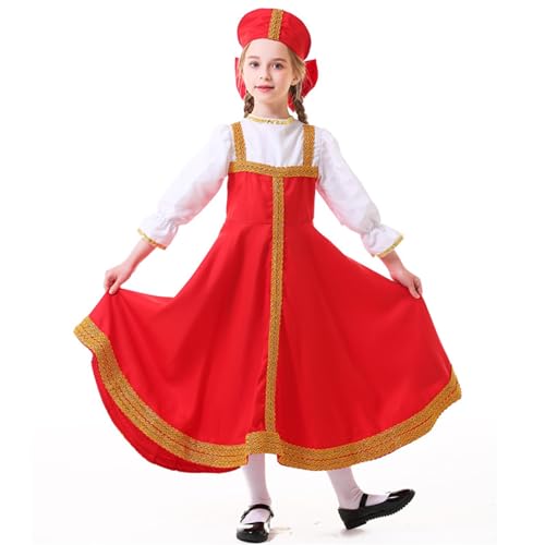 Mädchen Festlich Kleider Russische Traditionelle Uniformen Puffärmel Vintage Retro Bluse Top Partykleid mit Kopfbedeckung von Generisch