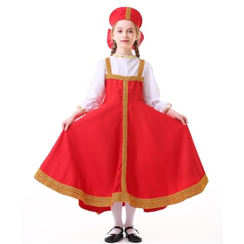 Mädchen Festlich Kleider Russische Traditionelle Uniformen Puffärmel Vintage Retro Bluse Top Partykleid mit Kopfbedeckung von Generisch