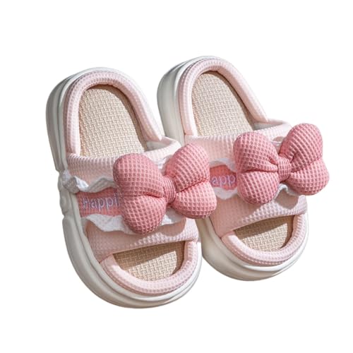 Mädchen Hausschuhe Kinder Niedliches Cartoon-Schleifen-Design Atmungsaktive Leinen-Hausschuhe Bequeme Weiche Sohle Kleinkinder Jungen Home Schuhe Innenbereich (24 Toddler) von Generisch