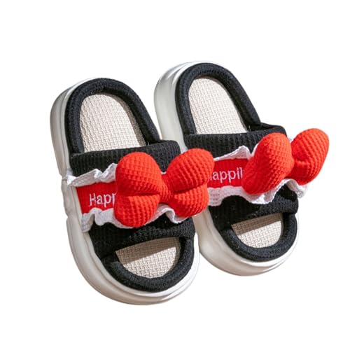 Mädchen Hausschuhe Kinder Niedliches Cartoon-Schleifen-Design Atmungsaktive Leinen-Hausschuhe Bequeme Weiche Sohle Kleinkinder Jungen Home Schuhe Innenbereich (Black, 32 Big Kids) von Generisch