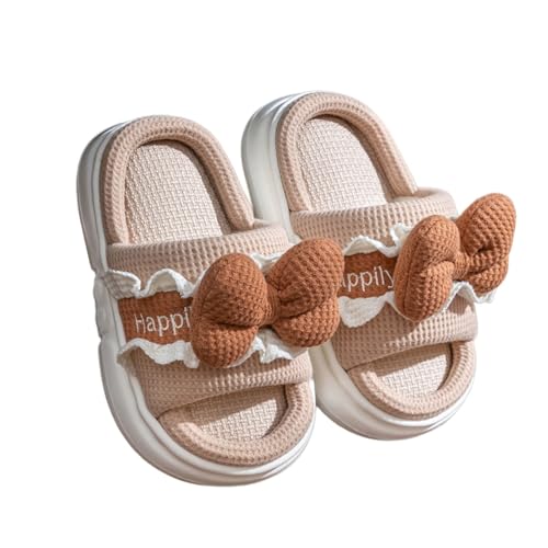 Mädchen Hausschuhe Kinder Niedliches Cartoon-Schleifen-Design Atmungsaktive Leinen-Hausschuhe Bequeme Weiche Sohle Kleinkinder Jungen Home Schuhe Innenbereich (Khaki, 26 Toddler) von Generisch