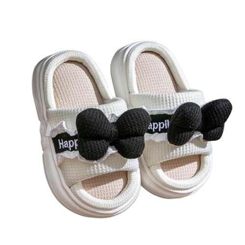 Mädchen Hausschuhe Kinder Niedliches Cartoon-Schleifen-Design Atmungsaktive Leinen-Hausschuhe Bequeme Weiche Sohle Kleinkinder Jungen Home Schuhe Innenbereich (White, 26 Toddler) von Generisch
