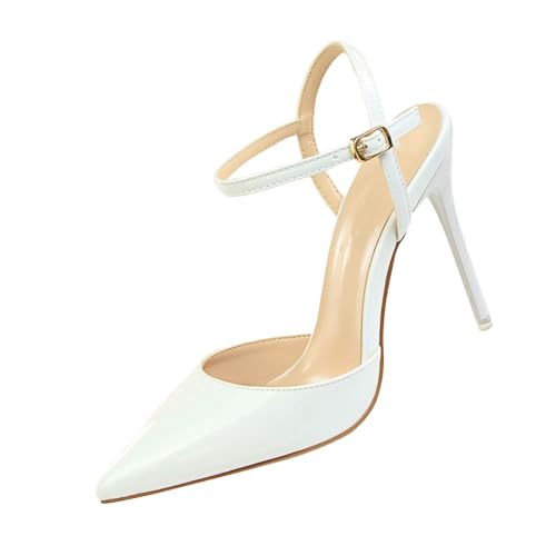 Mädchen High Heel Stiefel Größe 2 Simple Stiletto High Heel Flacher Mund Spitz Leder Sexy Nightclub One Strap Damen Sandalen, weiß, 38.5 EU von Generisch