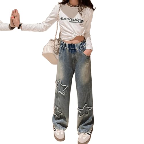 Mädchen Jeans Casual Wide Leg Bootcut Hose Jeanshose Elastischer Bund Jeans Baggy Bogen Muster Denim Hosen mit Taschen von Generisch