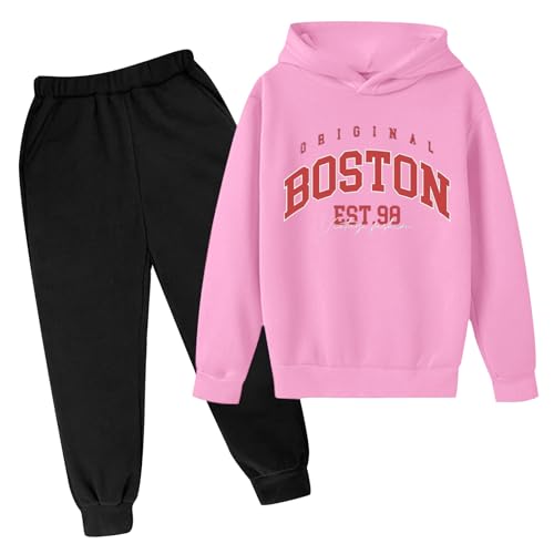 Mädchen Kapuzen-Sweatshirt Sweatpants Set 2-teilig Boston Hoodie Active Fall Kinder Trainingsanzüge Grafik Gemütlich Sweatshirt mit Kapuze Sweatpants Set Brief Bequeme Jogginganzüge von Generisch