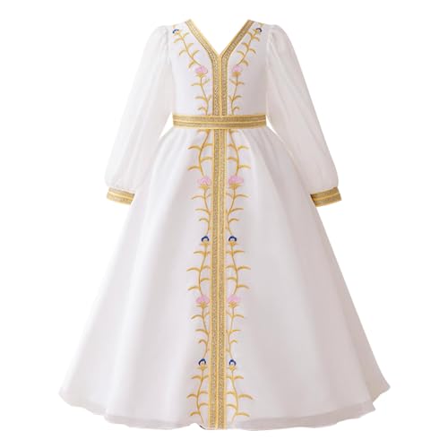 Mädchen Kleider Baumwolle Gazerock Sommer-Mädchen-neues muslimisches Dubai-Langarm-gesticktes langes Kleid-Geschenk für Mädchen Mädchen Kleider Hochzeit Einschulung Festlich (White, 6-7 Years) von Generisch