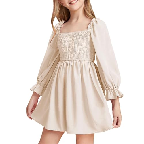 Mädchen Kleider Bunt Stilvolle Schöne Freizeit Mädchen Sommer Neuer Rock Langärmeliger Rüschenrock Hohe Taille Kleid Für Mädchen Mädchen Kleider Hochzeit Einschulung Festlich (Beige, 10-11 Years) von Generisch