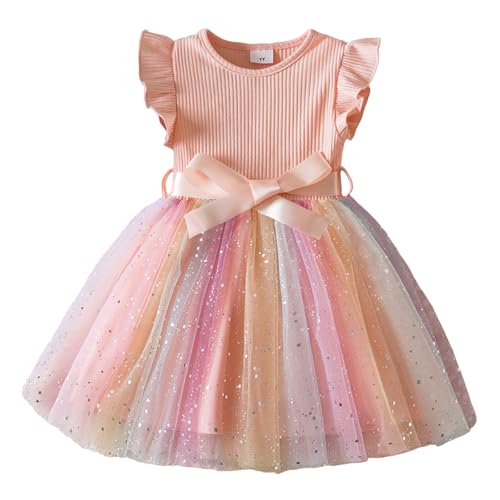 Mädchen Kleider Kleinkind Tüllkleid Fliegenden Ärmeln Prinzessinenkleid mit Blumen Drucke Baumwolle Freizeitkleid mit Bowknot Tutu Kinderkleid Schmetterling A-Linie Ärmelloses Kleid 0.5-5 (2-3 Years) von Generisch