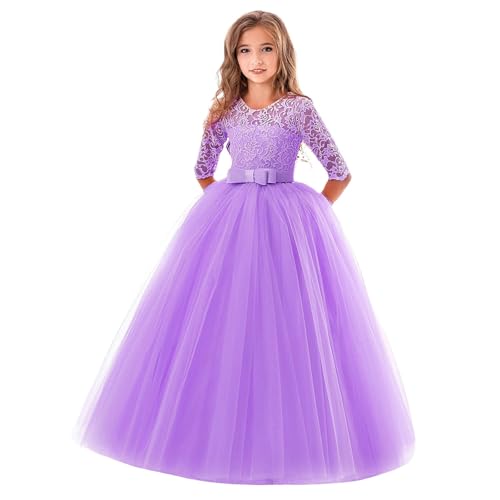 Mädchen Kleiderr Langarm Blumensmädchenkleid Prinzessin Party Festliches Tüll Cocktail Abendkleid Maxikleid Hochzeit Elegant Geburtstag Freizeitkleid Hoher Taille A-Linie Spitze (Purple, 3-4 Years) von Generisch