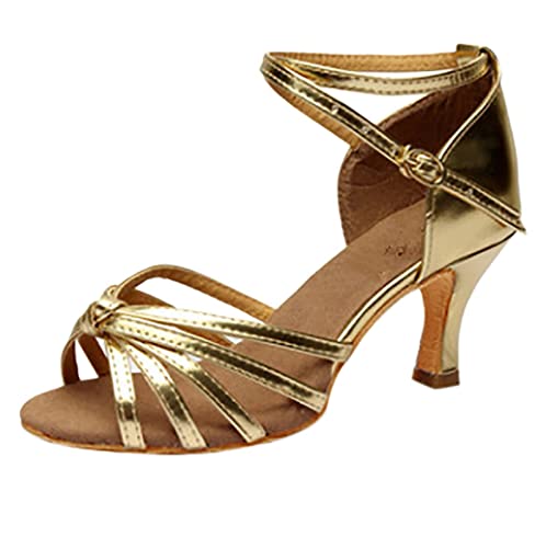 Mädchen Latinetanz Schuhe Med-Heels Satin Schuhe Party Tango-Tanzschuhe Barfuß Schuhe Damen Schwarz (Gold, 35) von Generisch