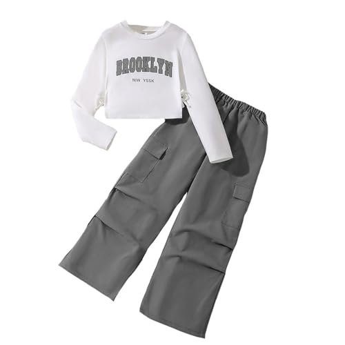 Mädchen Outfit 2-teiliges Set Langarm Sweatshirt mit Hemd Cargo Jogginghose stylisch bequem für Mädchen modische Kinderbekleidung (Grau, 10-11 Years) von Generisch