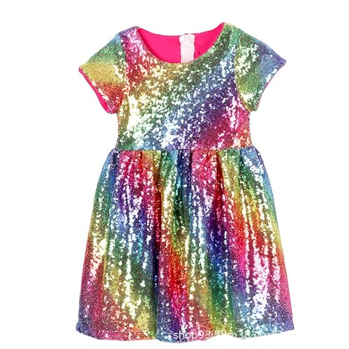Mädchen Pailletten Kleid Mädchen Glitzer Paillettenkleid Mädchen Pailletten Kleid Kurzarm Rundhals Kinderkleider mit Pailletten Festkleider Partykleid Blumenmädchenkleider für (Multicolour, 4-5 Years) von Generisch