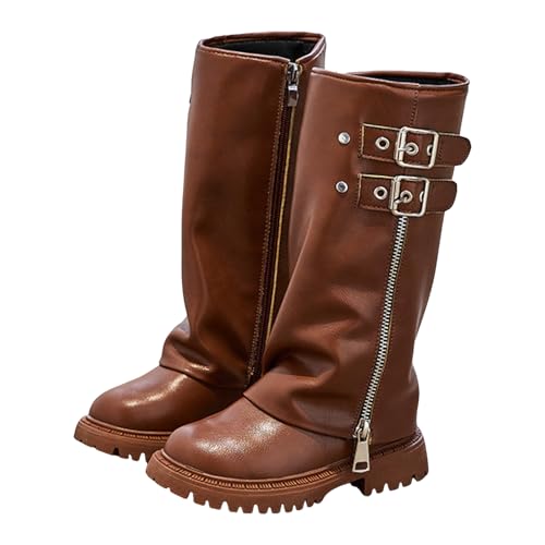 Mädchen Stiefel Lederimitat - Modische Hohe Bikerstiefel mit Zwei Metall Schnallen & Praktischem Seitlichem Reißverschluss, Robuste Kinder Lederboots mit Stabler Profilsohle für Herbst und Winter von Generisch