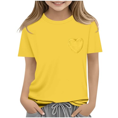 Mädchen T-Shirt Sportshirt Casual Tshirt Atmungsaktiv Kurze Oberteile Freizeit Basic Croptop Mode Kurzarmhemd Einfarbig Kinderkleidung Sommer Rundhalsausschnitt Top Shirt Kurzarm Tops Gelb 150 von Generisch
