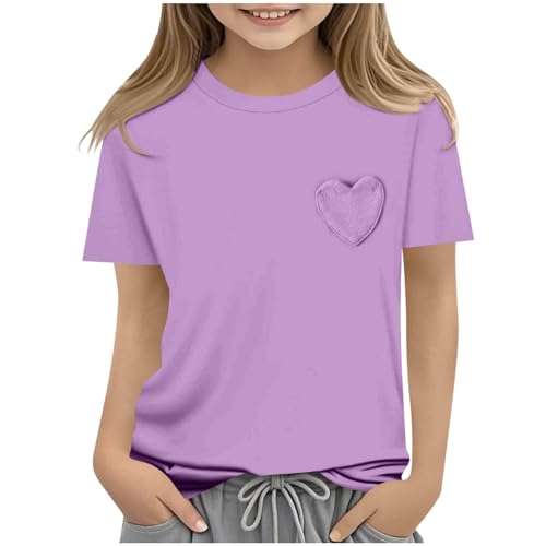 Mädchen T-Shirt Sportshirt Casual Tshirt Atmungsaktiv Kurze Oberteile Freizeit Basic Croptop Mode Kurzarmhemd Einfarbig Kinderkleidung Sommer Rundhalsausschnitt Top Shirt Kurzarm Tops Lila 150 von Generisch