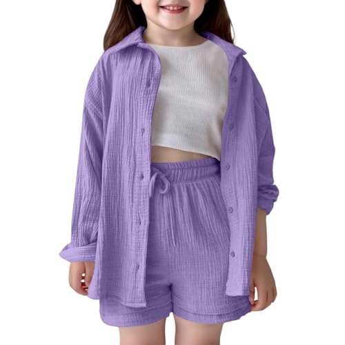 Mädchen Zweiteiler Sommer Musselin Bluse Knopfleiste Langarm Blusenshirt Gerades Bein Shorts Mit Tunnelzug Einfarbig Bekleidungssets Leicht Bequem Zweiteiler Set Purple 140 von Generisch
