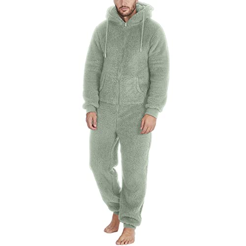 Männer Kunstwolle Langarm Pyjama Lässig Einfarbig Reißverschluss Lose Kapuzen Overall Pyjama Lässig Winter Warm Rompe Overall 1 Stück Anzug Fleece Auf Nachtwäsche Jumpsuit Herren (Mint Green, XXXXXL) von Generisch