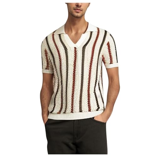 Männer Mode Sommer T Shirt mit Rundhalsausschnitt Herren-Freizeitpullover mit Pilling-Streifen, hohles, kontrastierendes, Dickes Woll-Eisseide-Strick-Business-Hemd Lässiges Tshirt Herren (Khaki, M) von Generisch