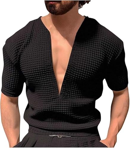 Männer Tiefe V-Ausschnitt Strick Shirts Stretch Muskel Gym Workout T-Shirt Mode Low Cut Plain Waffel Henley Shirts (L,Schwarz) von Generisch